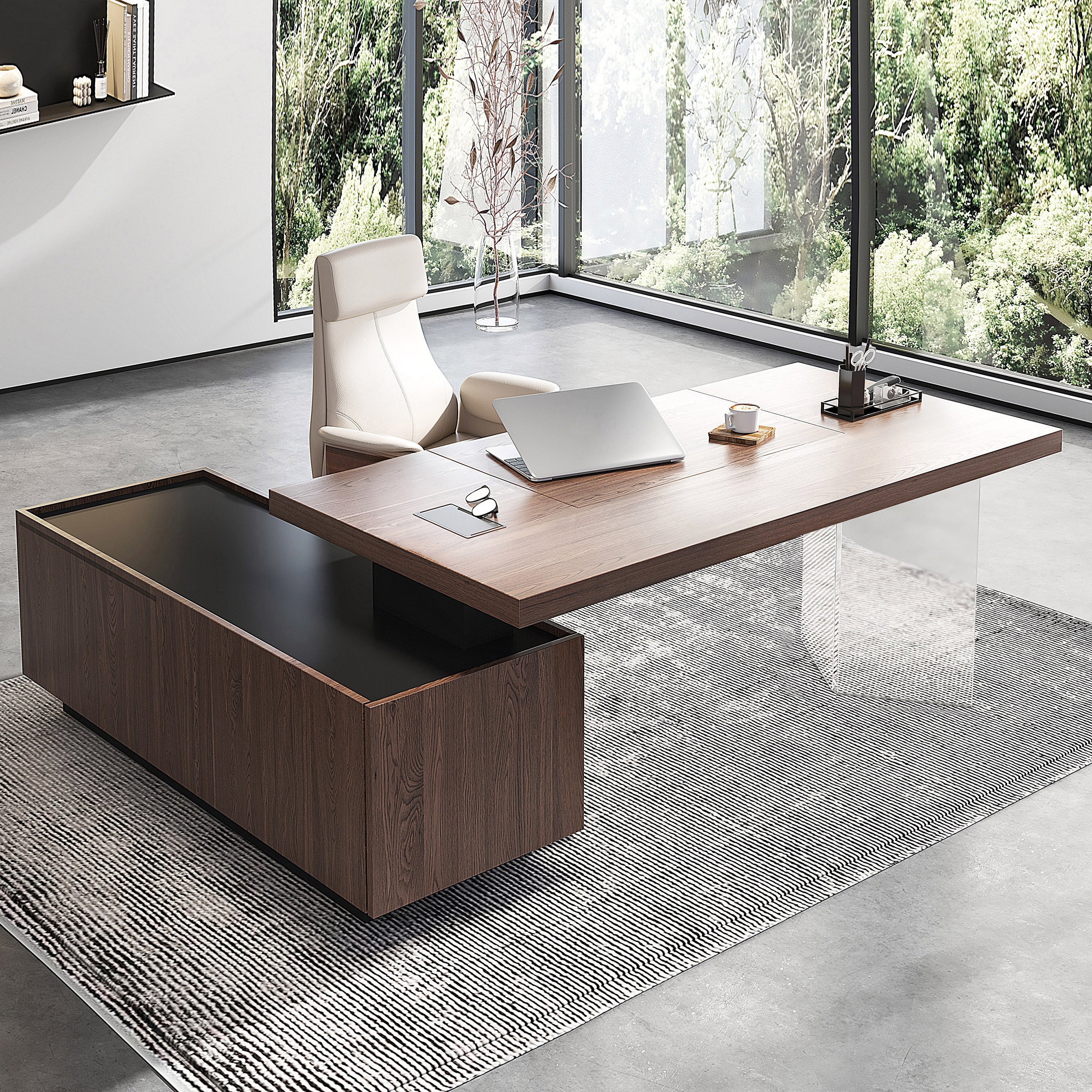 HMR 71.5" Modern L-Shape Standing Executive Desk with Side Cabinet and lifter Desktop - Walnut, Right Hand