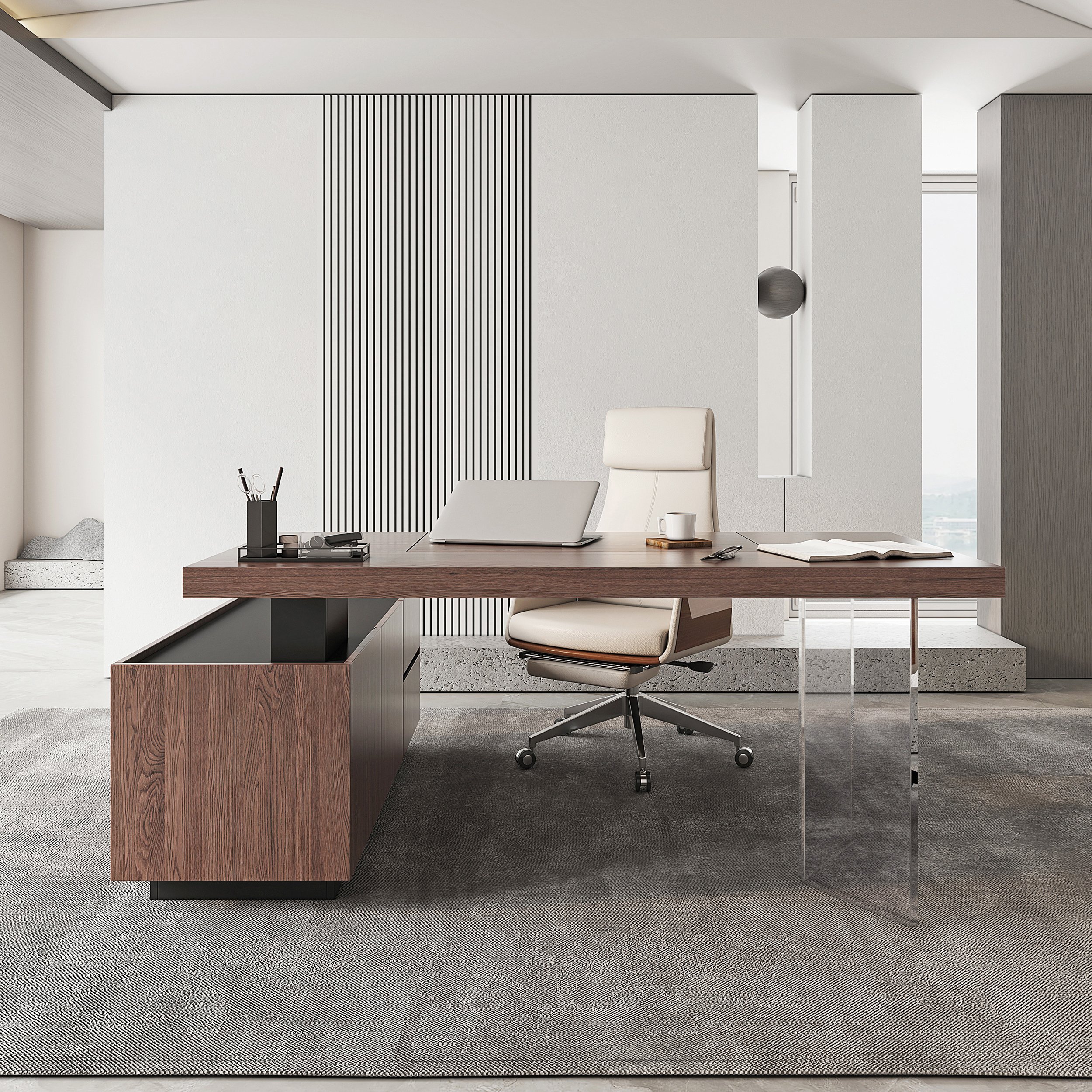 HMR 71.5" Modern L-Shape Standing Executive Desk with Side Cabinet and lifter Desktop - Walnut, Right Hand