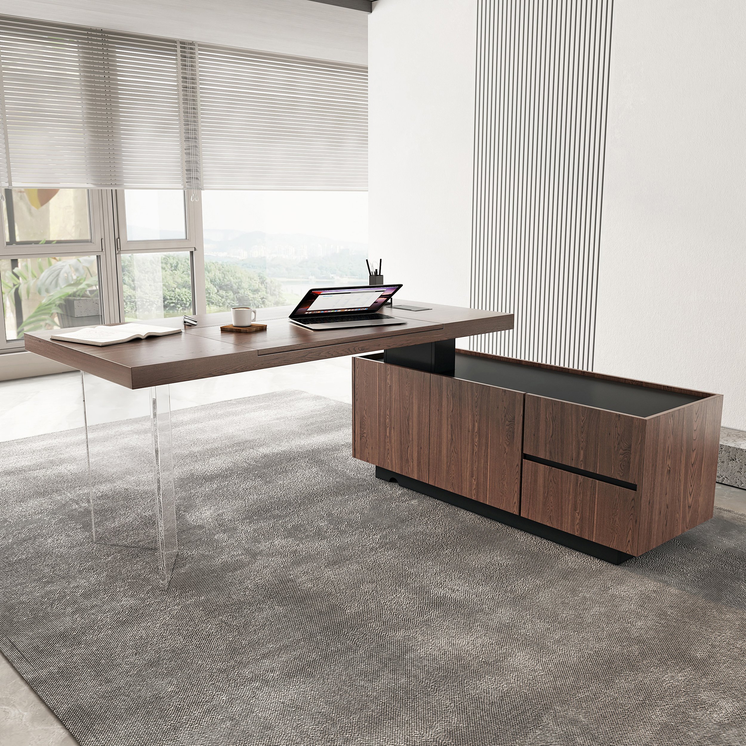 HMR 71.5" Modern L-Shape Standing Executive Desk with Side Cabinet and lifter Desktop - Walnut, Right Hand