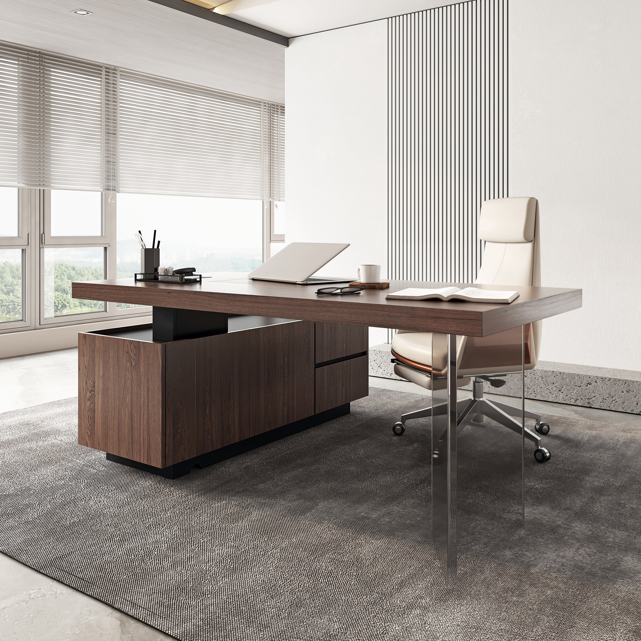 HMR 71.5" Modern L-Shape Standing Executive Desk with Side Cabinet and lifter Desktop - Walnut, Right Hand
