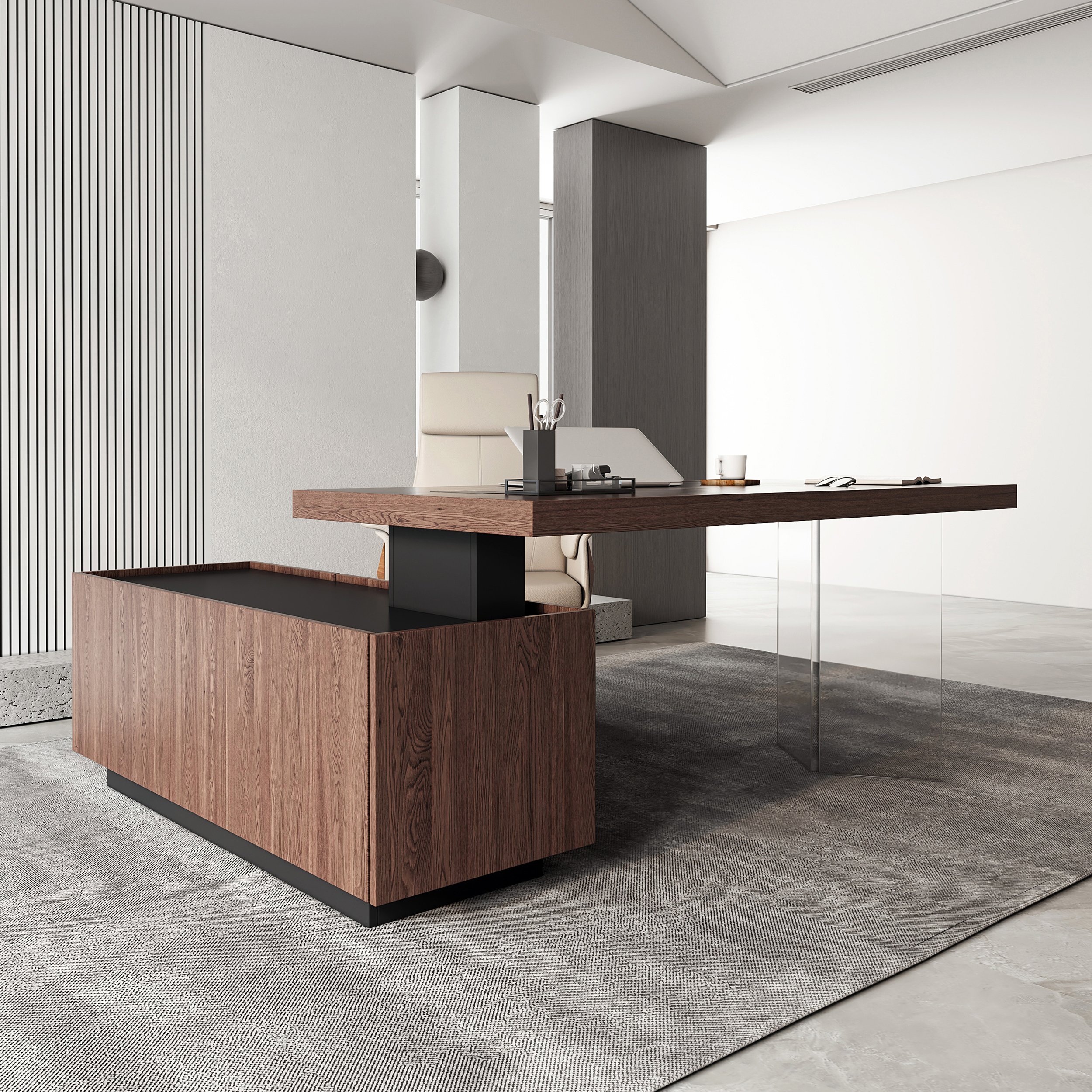 HMR 71.5" Modern L-Shape Standing Executive Desk with Side Cabinet and lifter Desktop - Walnut, Right Hand