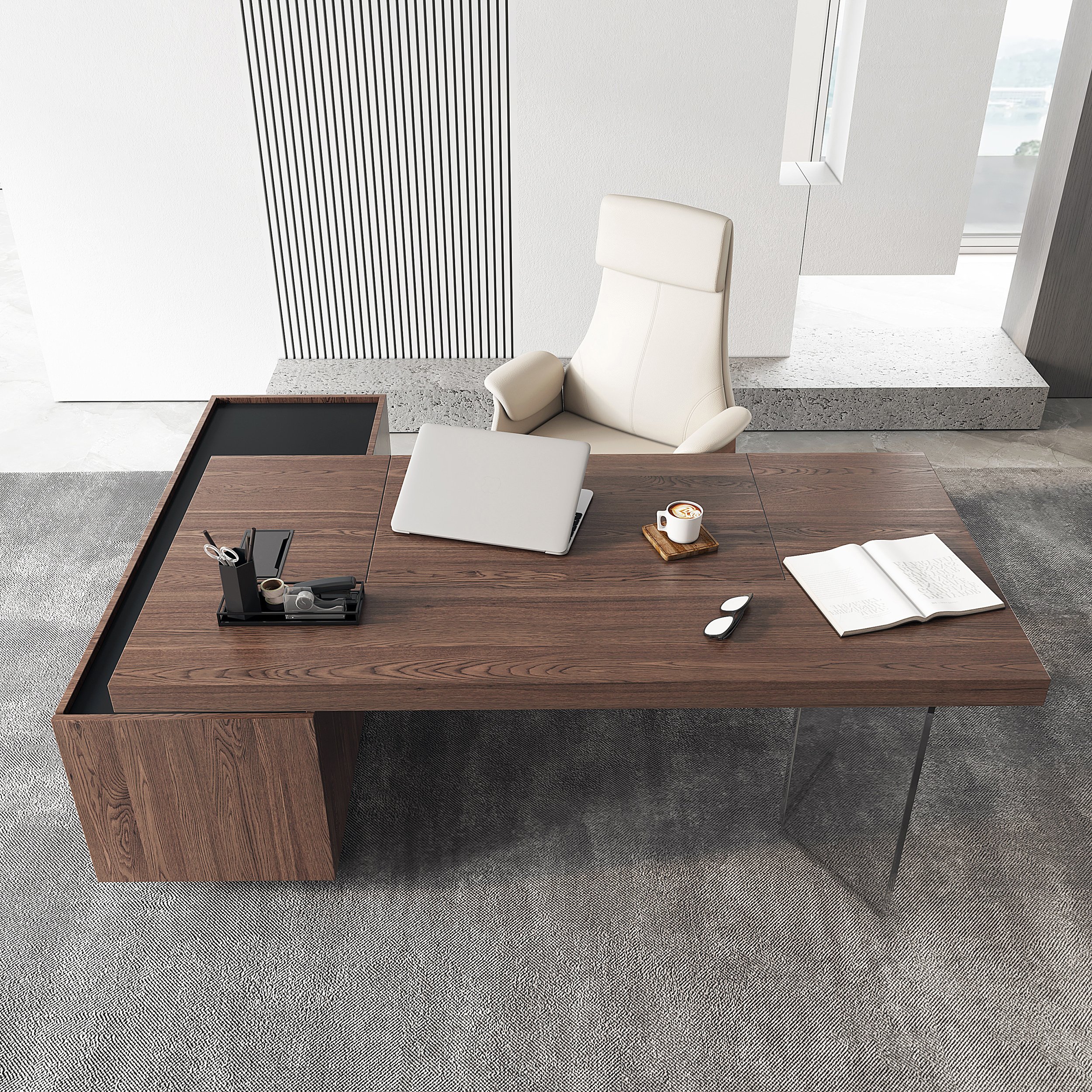 HMR 71.5" Modern L-Shape Standing Executive Desk with Side Cabinet and lifter Desktop - Walnut, Right Hand