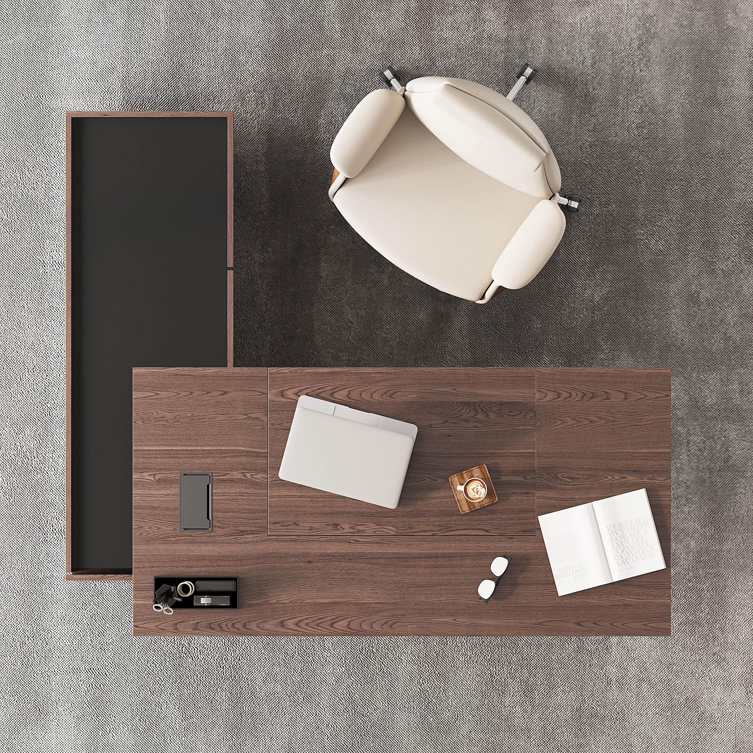 HMR 71.5" Modern L-Shape Standing Executive Desk with Side Cabinet and lifter Desktop - Walnut, Right Hand