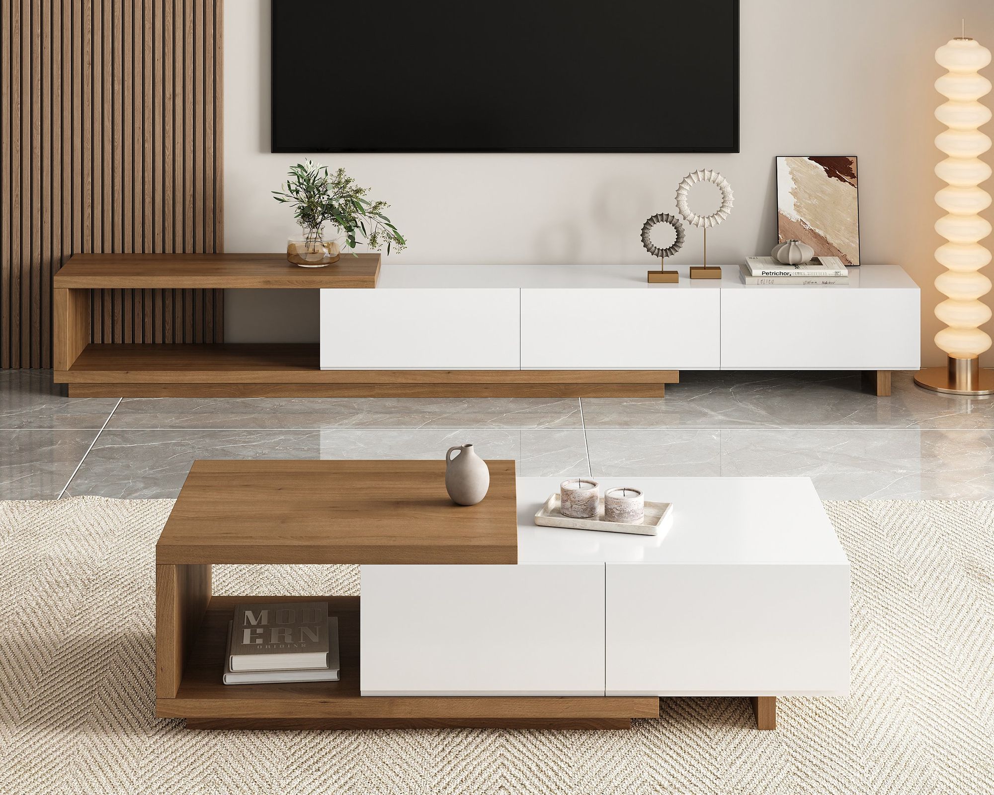 HMR Quoint Extendable TV Stand & Coffee Table Set - White & Walnut, 1790mm-2550mm