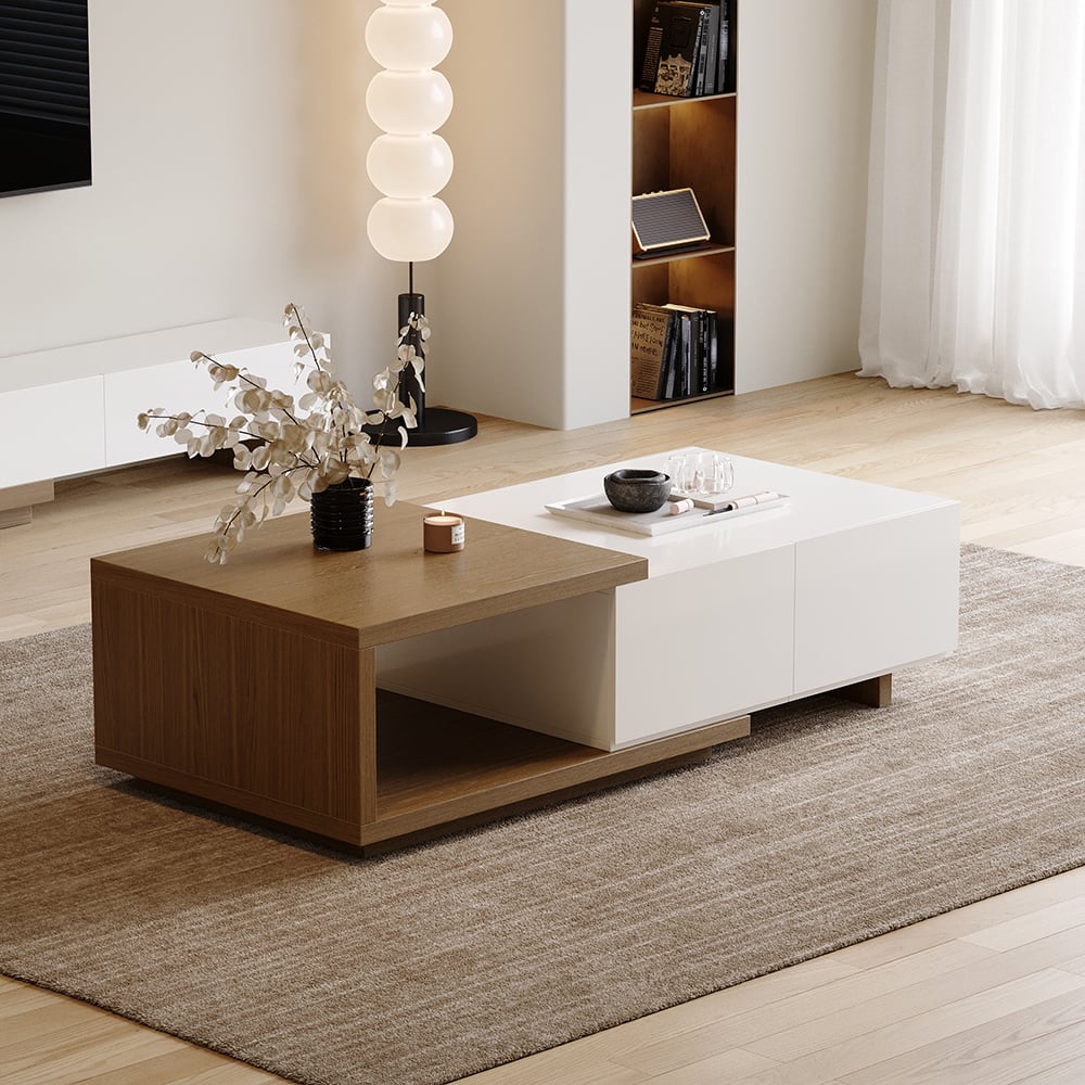 HMR Quoint Extendable TV Stand & Coffee Table Set - White & Walnut, 1790mm-2550mm