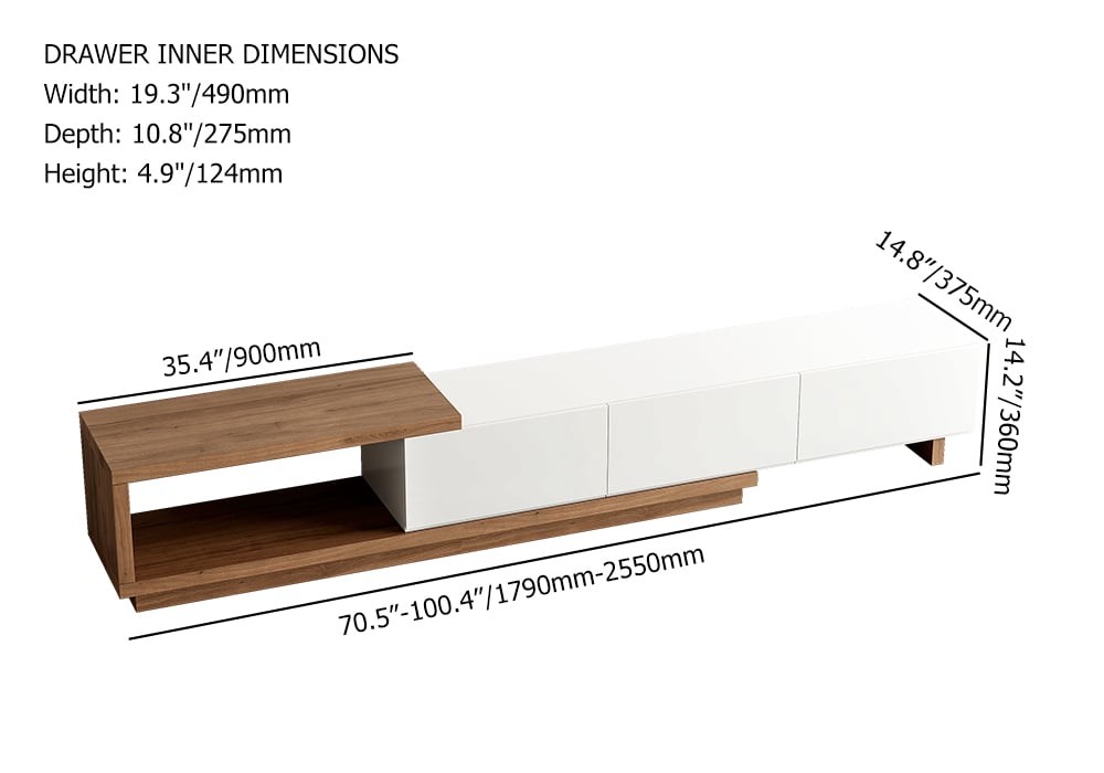 HMR Quoint Extendable TV Stand & Coffee Table Set - White & Walnut, 1790mm-2550mm