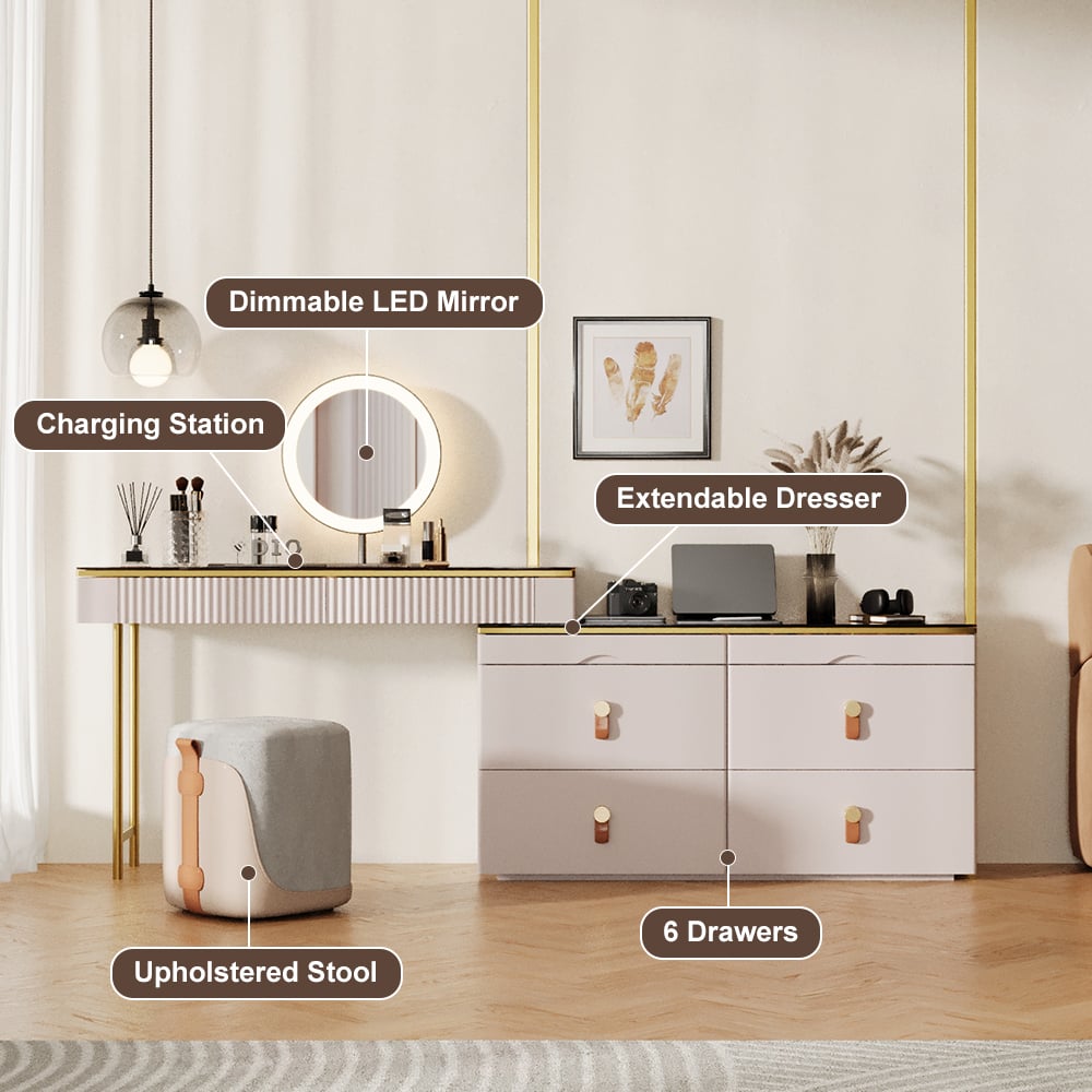HMR - Chanor Modern Champagne Dresser Vanity Set Extendable Desk Vanity Combo Stool & Light