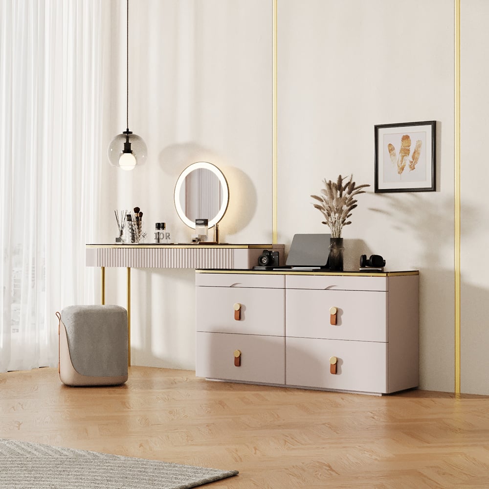 HMR - Chanor Modern Champagne Dresser Vanity Set Extendable Desk Vanity Combo Stool & Light