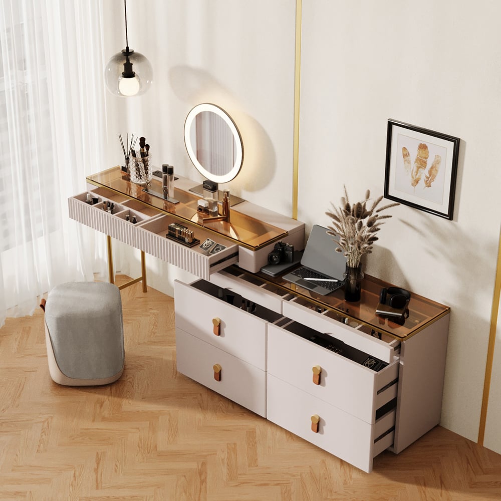 HMR - Chanor Modern Champagne Dresser Vanity Set Extendable Desk Vanity Combo Stool & Light
