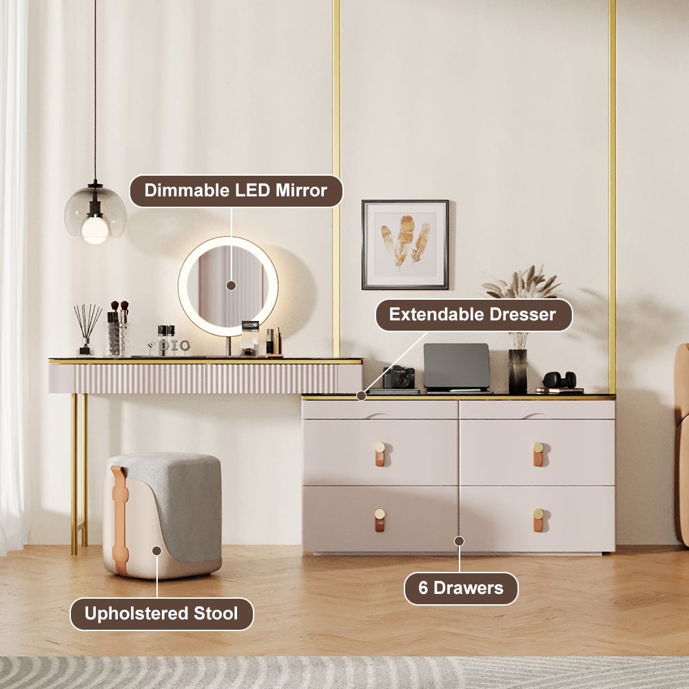 HMR - Chanor Modern Champagne Dresser Vanity Set Extendable Desk Vanity Combo Stool & Light