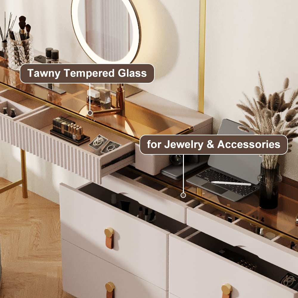 HMR - Chanor Modern Champagne Dresser Vanity Set Extendable Desk Vanity Combo Stool & Light