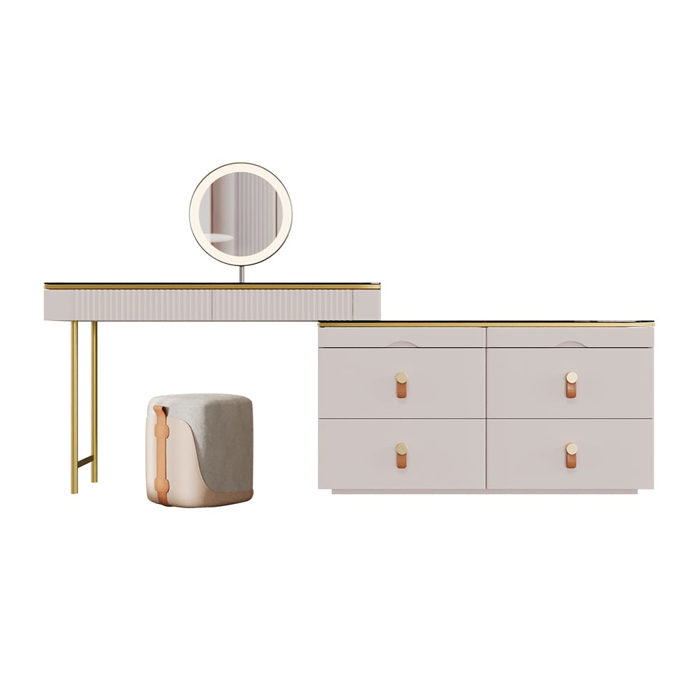 HMR - Chanor Modern Champagne Dresser Vanity Set Extendable Desk Vanity Combo Stool & Light