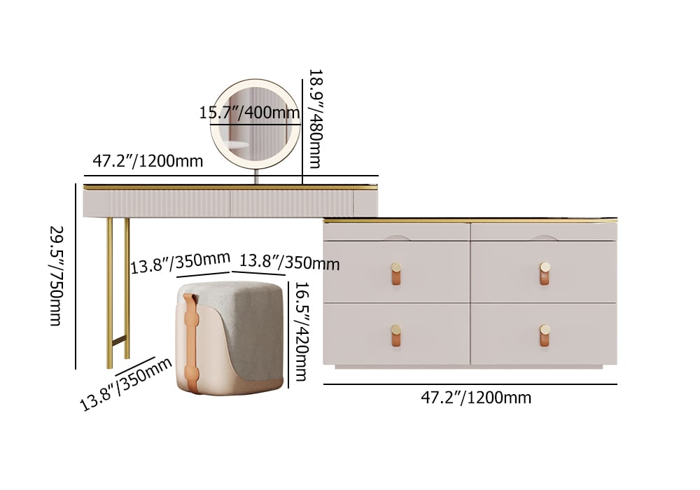 HMR - Chanor Modern Champagne Dresser Vanity Set Extendable Desk Vanity Combo Stool & Light