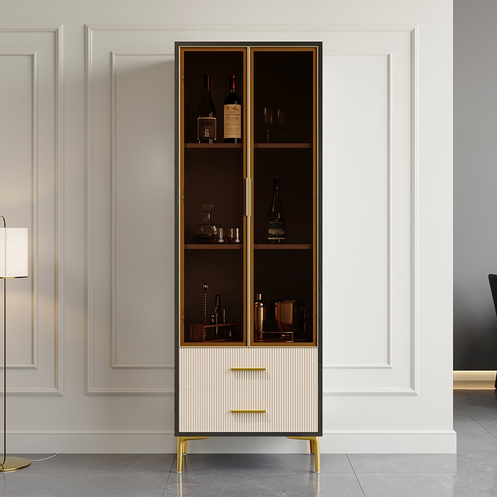 HMR - Modern Gray Bar Cabinet with Glass Doors & 2-Drawer Storage Home Bar Cabinet
