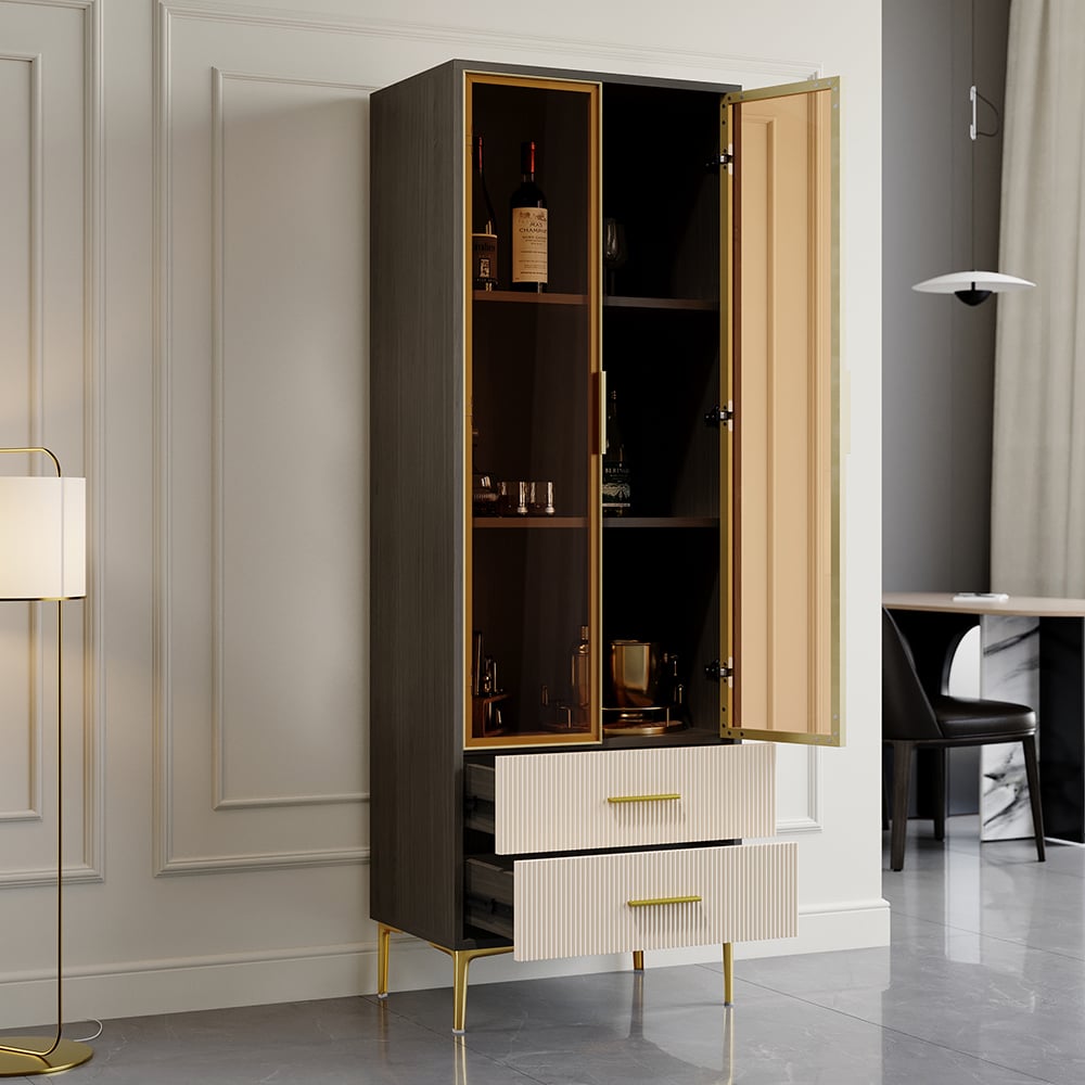 HMR - Modern Gray Bar Cabinet with Glass Doors & 2-Drawer Storage Home Bar Cabinet