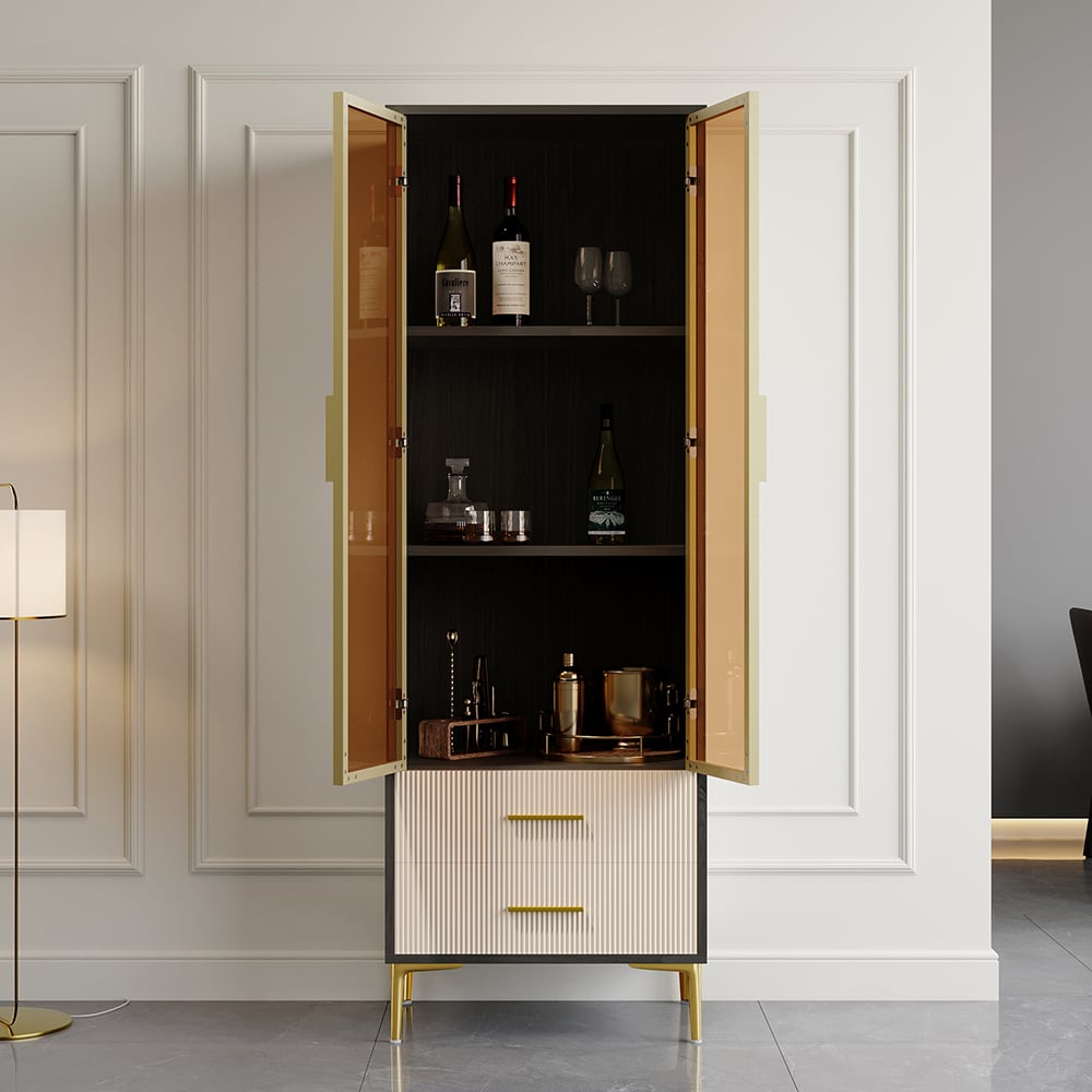 HMR - Modern Gray Bar Cabinet with Glass Doors & 2-Drawer Storage Home Bar Cabinet