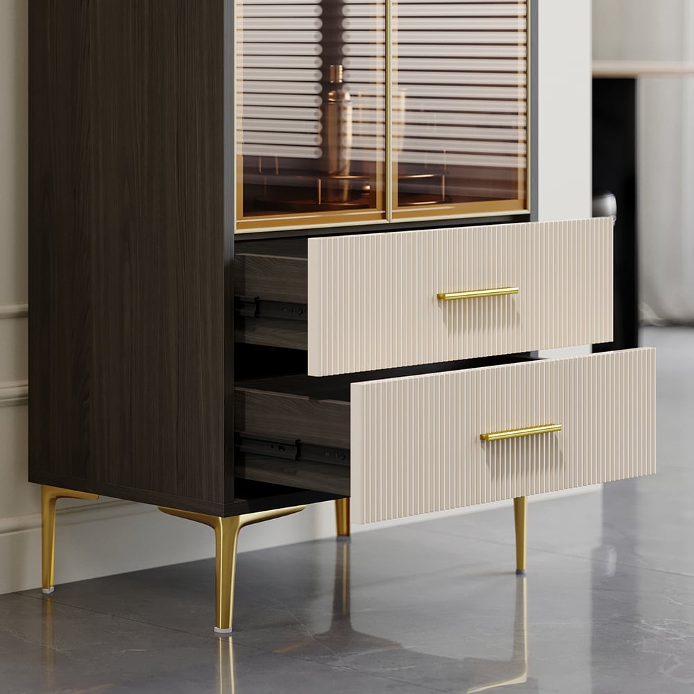 HMR - Modern Gray Bar Cabinet with Glass Doors & 2-Drawer Storage Home Bar Cabinet