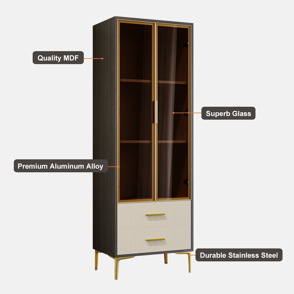 HMR - Modern Gray Bar Cabinet with Glass Doors & 2-Drawer Storage Home Bar Cabinet
