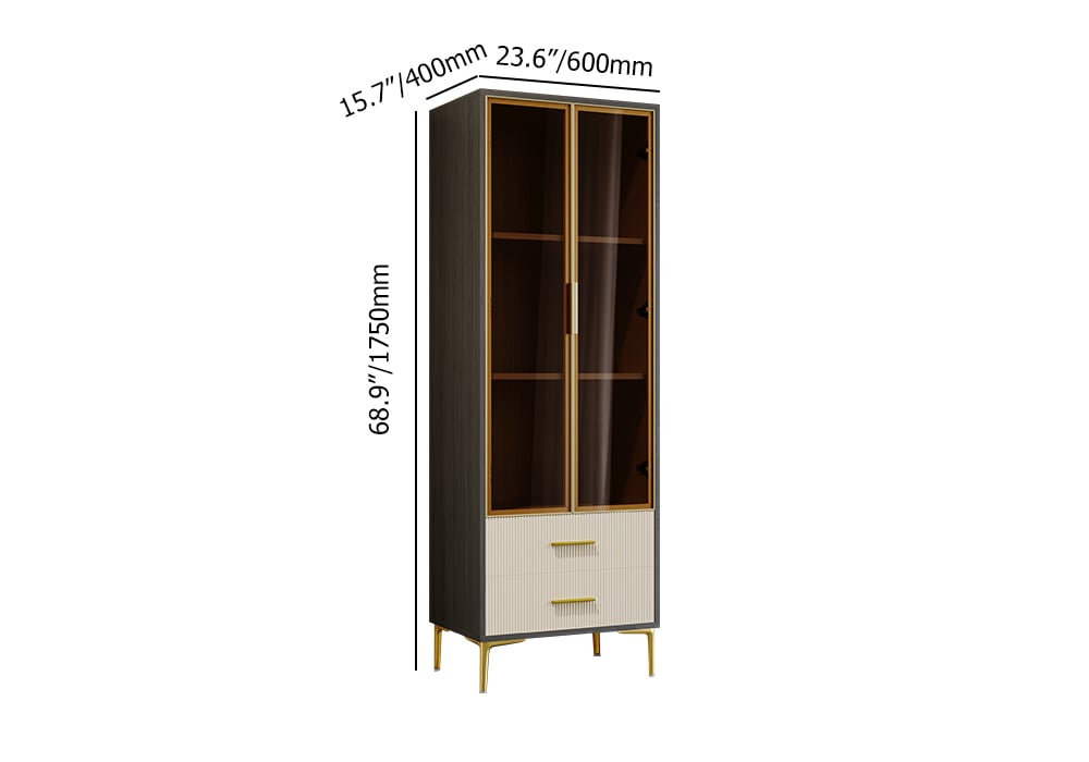HMR - Modern Gray Bar Cabinet with Glass Doors & 2-Drawer Storage Home Bar Cabinet