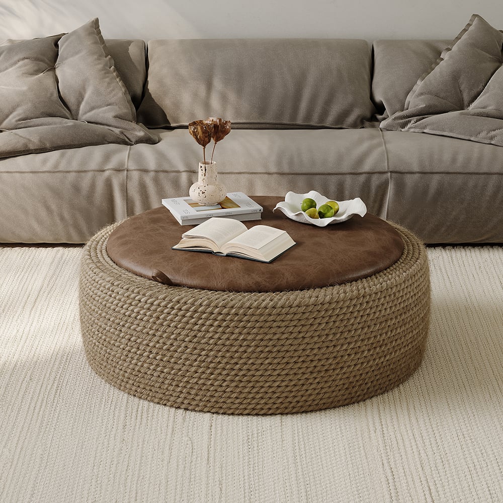 HMR - Coastal Round Woven Rope Drum Coffee Table in Brown with Storage