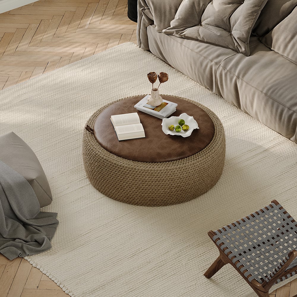 HMR - Coastal Round Woven Rope Drum Coffee Table in Brown with Storage