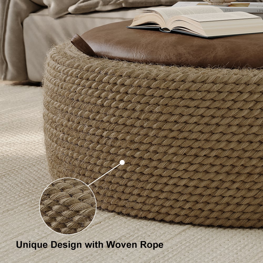 HMR - Coastal Round Woven Rope Drum Coffee Table in Brown with Storage