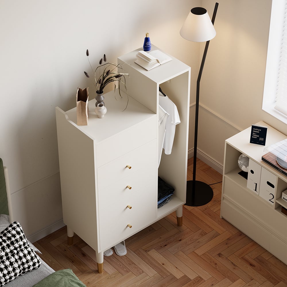 HMR - Modern White Mirrored Dresser Chifforobe Wardrobe Closet with 4 Drawers