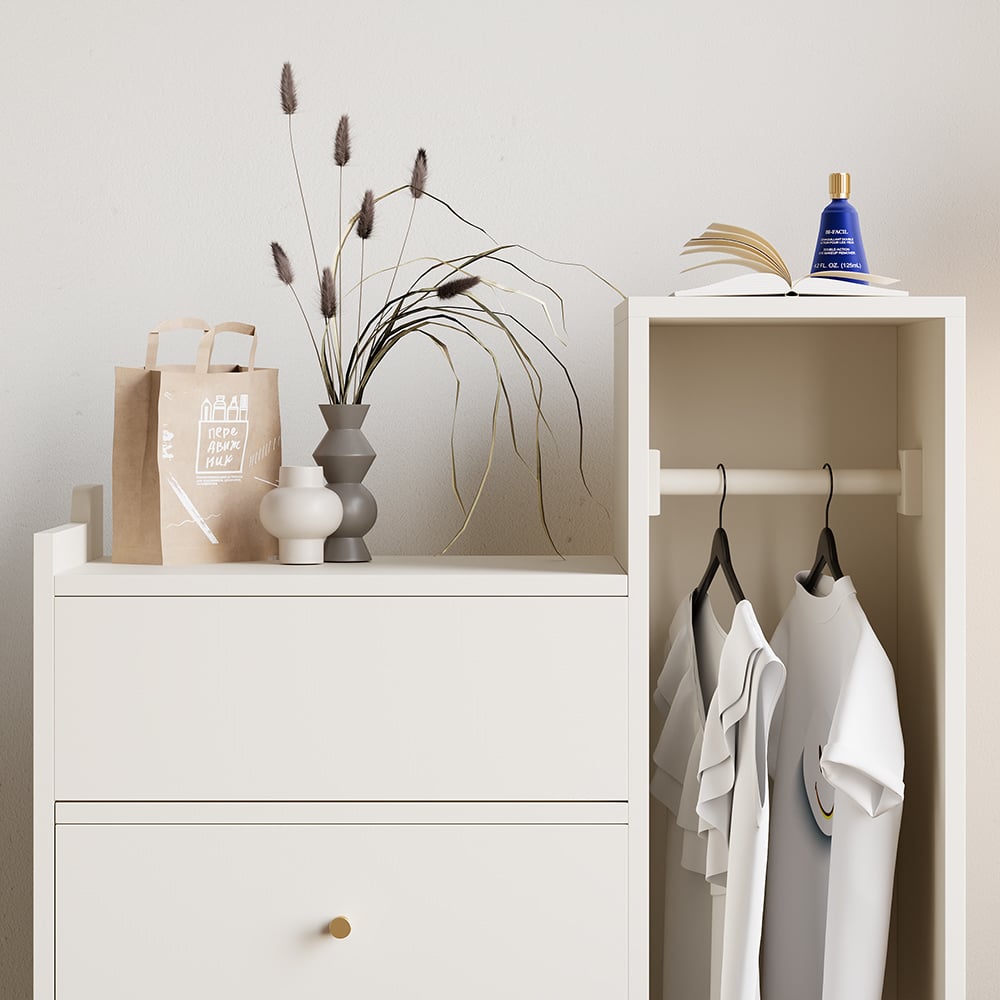 HMR - Modern White Mirrored Dresser Chifforobe Wardrobe Closet with 4 Drawers