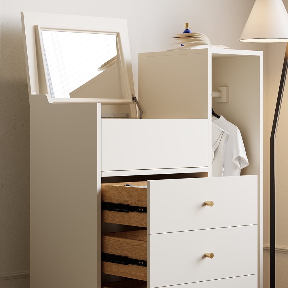 HMR - Modern White Mirrored Dresser Chifforobe Wardrobe Closet with 4 Drawers