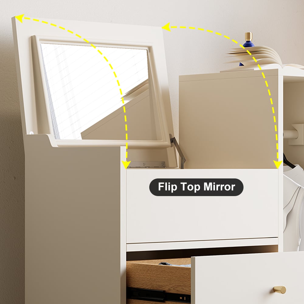 HMR - Modern White Mirrored Dresser Chifforobe Wardrobe Closet with 4 Drawers