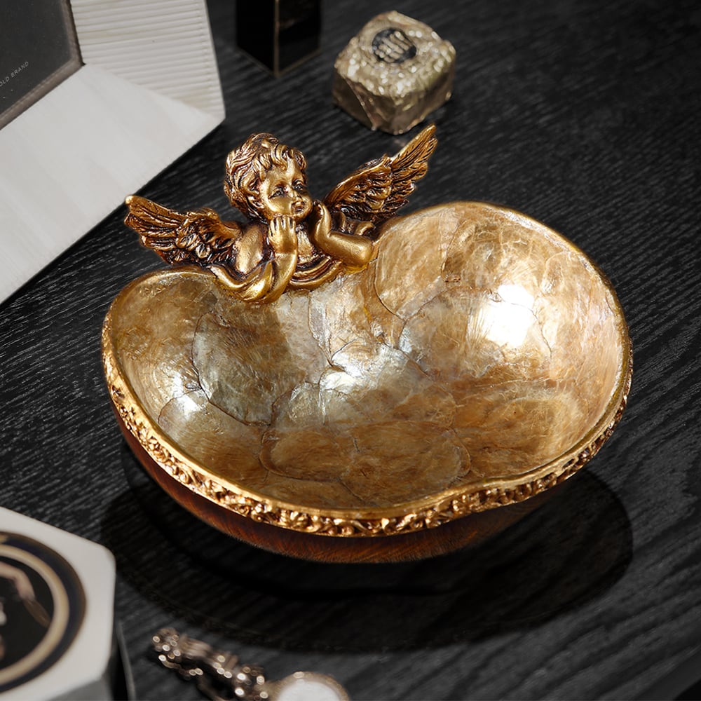 HMR - Shellium Vintage Bronze Angel Decorative Storage Tray Holder Desk Entryway Storage