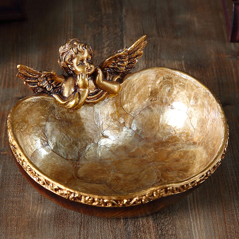 HMR - Shellium Vintage Bronze Angel Decorative Storage Tray Holder Desk Entryway Storage