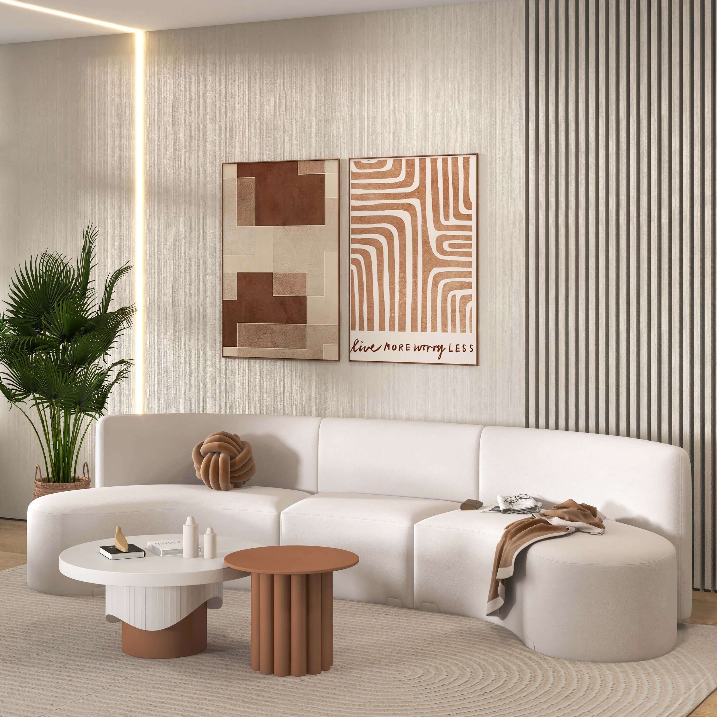 HMR - 120" Modern White Curved Sectional Floor Sofa Velvet Upholstery for Living Room