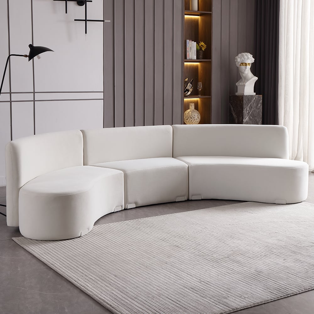 HMR - 120" Modern White Curved Sectional Floor Sofa Velvet Upholstery for Living Room