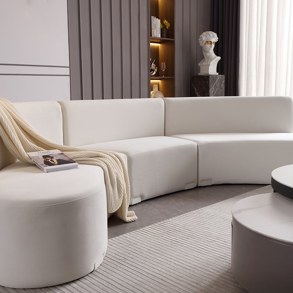 HMR - 120" Modern White Curved Sectional Floor Sofa Velvet Upholstery for Living Room
