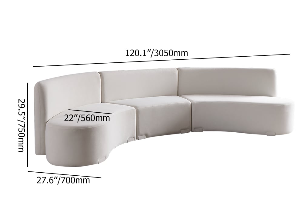 HMR - 120" Modern White Curved Sectional Floor Sofa Velvet Upholstery for Living Room