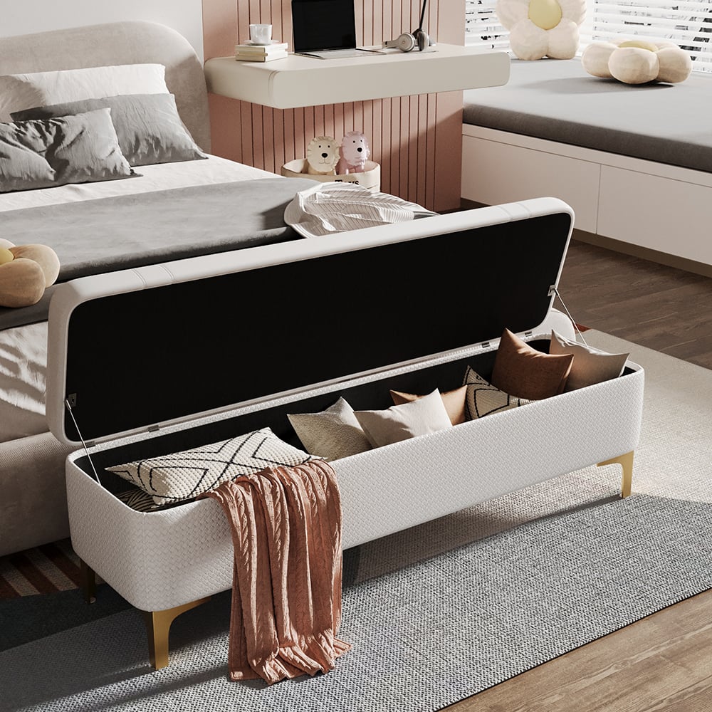 HMR - Modern White PU Leather Bedroom Flip Top Storage Bench with Gold Stainless Steel Legs