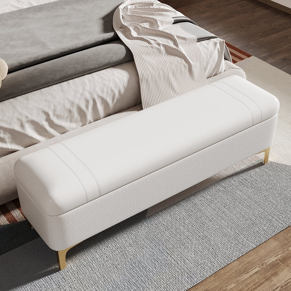 HMR - Modern White PU Leather Bedroom Flip Top Storage Bench with Gold Stainless Steel Legs