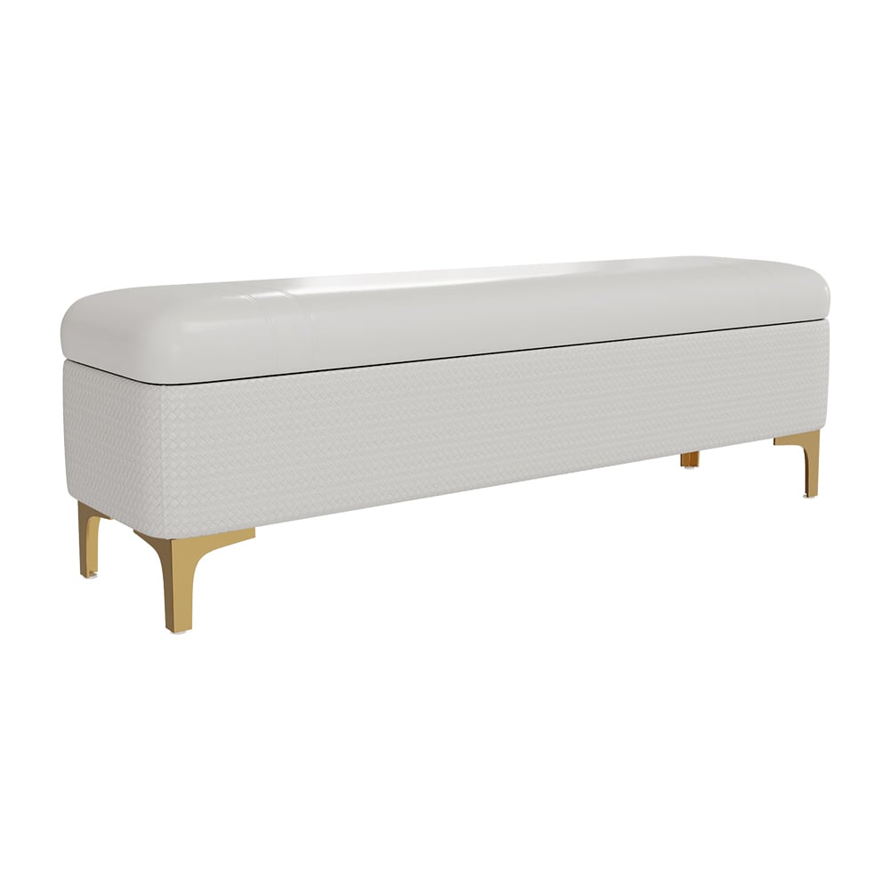 HMR - Modern White PU Leather Bedroom Flip Top Storage Bench with Gold Stainless Steel Legs