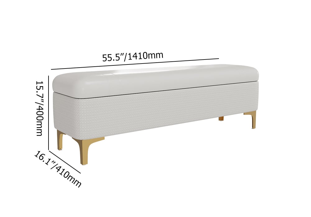 HMR - Modern White PU Leather Bedroom Flip Top Storage Bench with Gold Stainless Steel Legs