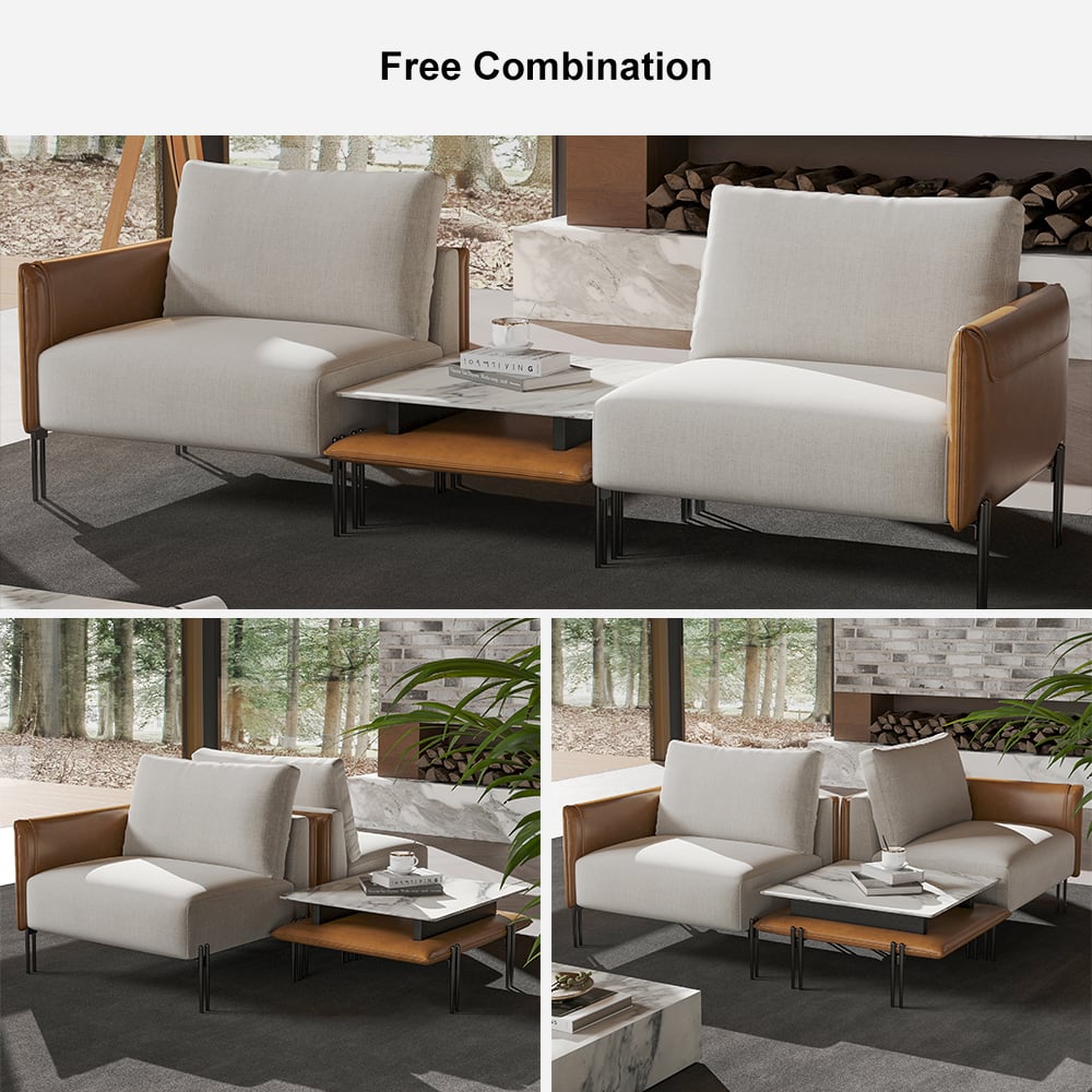 HMR - 95.3" Linen Modular Upholstered 2-Seater Sofa with Coffee Table Stainless Steel Frame