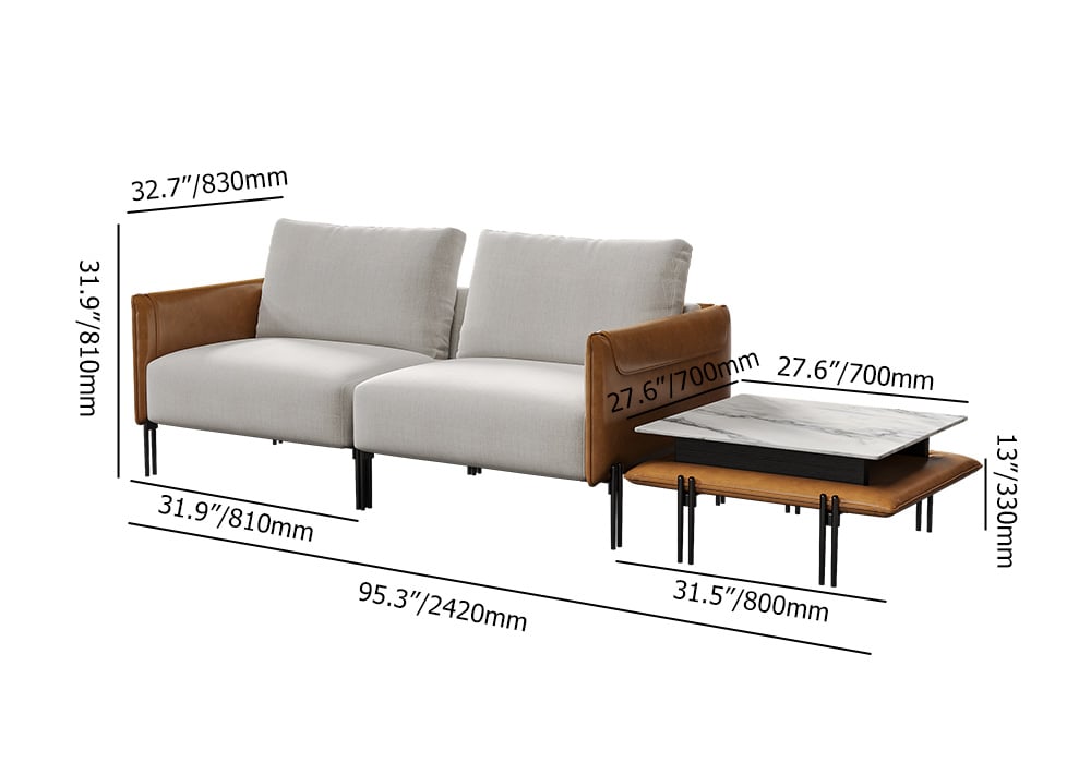 HMR - 95.3" Linen Modular Upholstered 2-Seater Sofa with Coffee Table Stainless Steel Frame