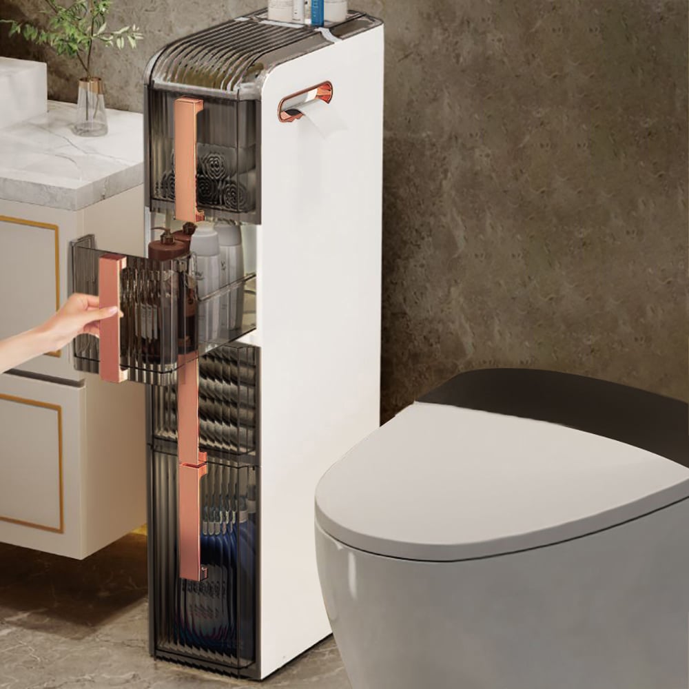 HMR - Modern White & Rose Gold Slim Bathroom Storage Cabinet Freestanding Toilet Paper Holder
