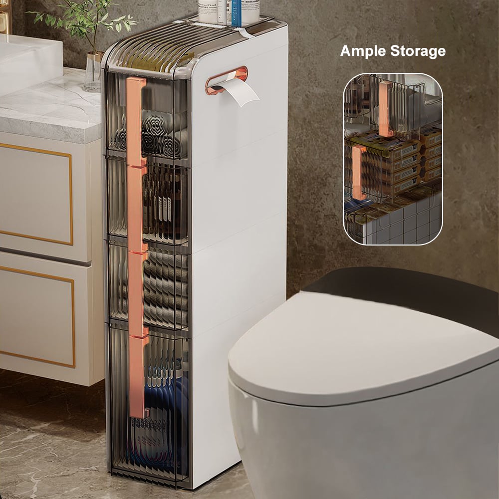 HMR - Modern White & Rose Gold Slim Bathroom Storage Cabinet Freestanding Toilet Paper Holder