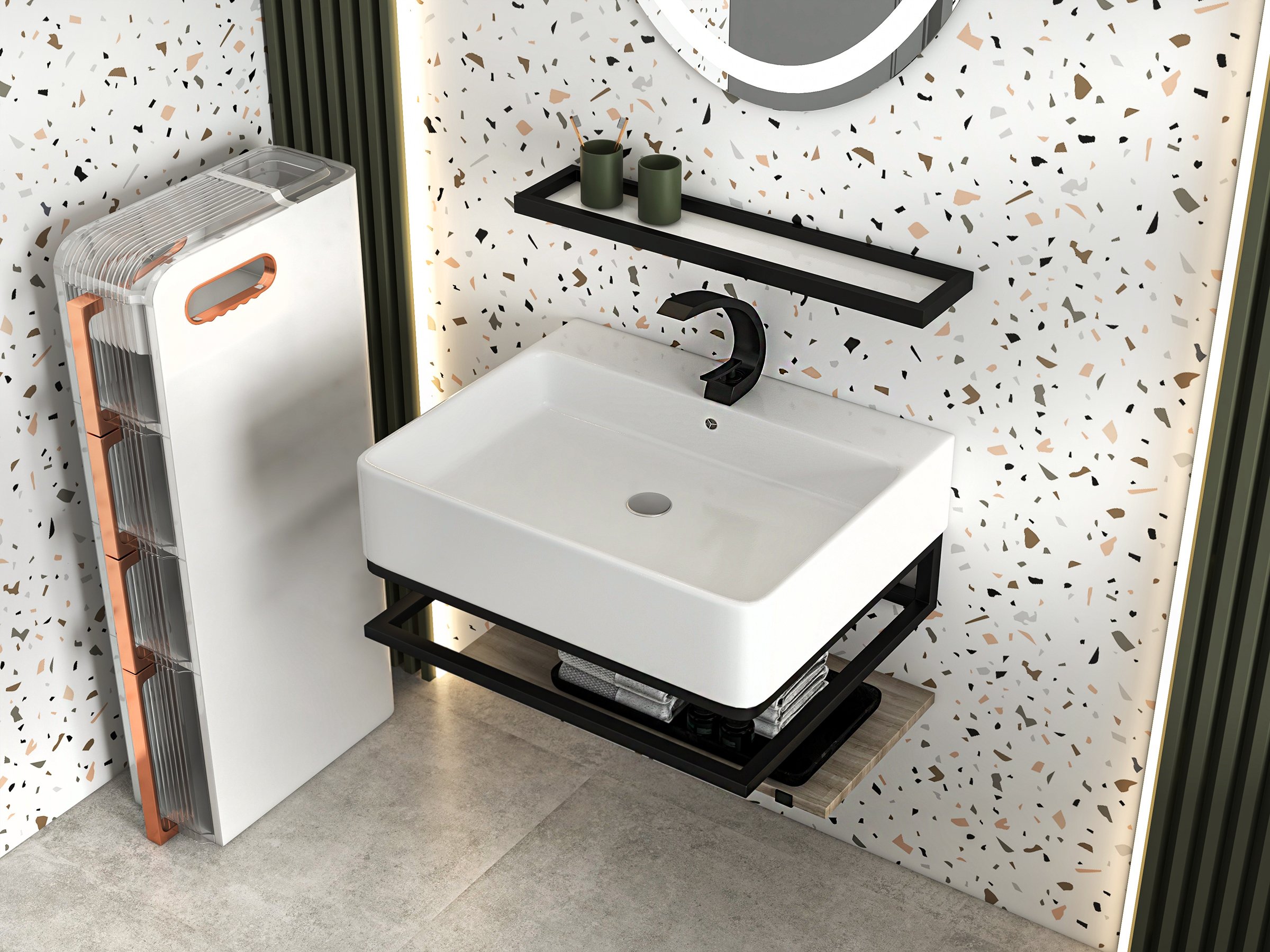 HMR - Modern White & Rose Gold Slim Bathroom Storage Cabinet Freestanding Toilet Paper Holder