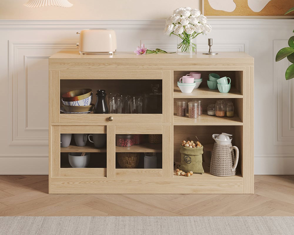 HMR Farmhouse Extendable Wood Sideboards and Cabinets with Ample Storage - Natural