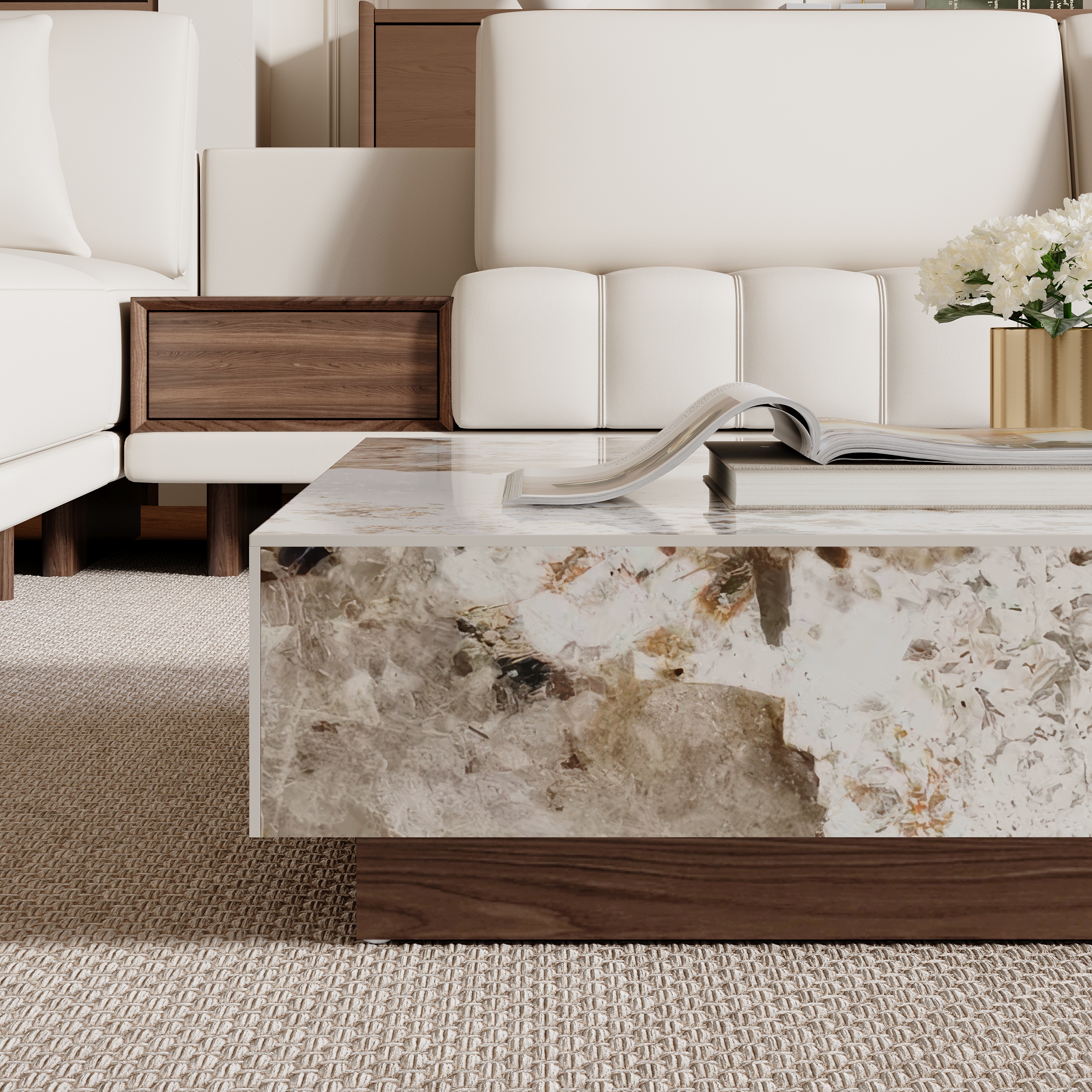 HMR 39" Square Sintered Stone Block Coffee Table With Wood Base - Off-White