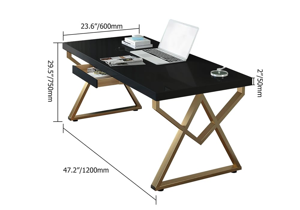 HMR Modern Rectangular 47" Writing Desk with Base & Drawer - Black