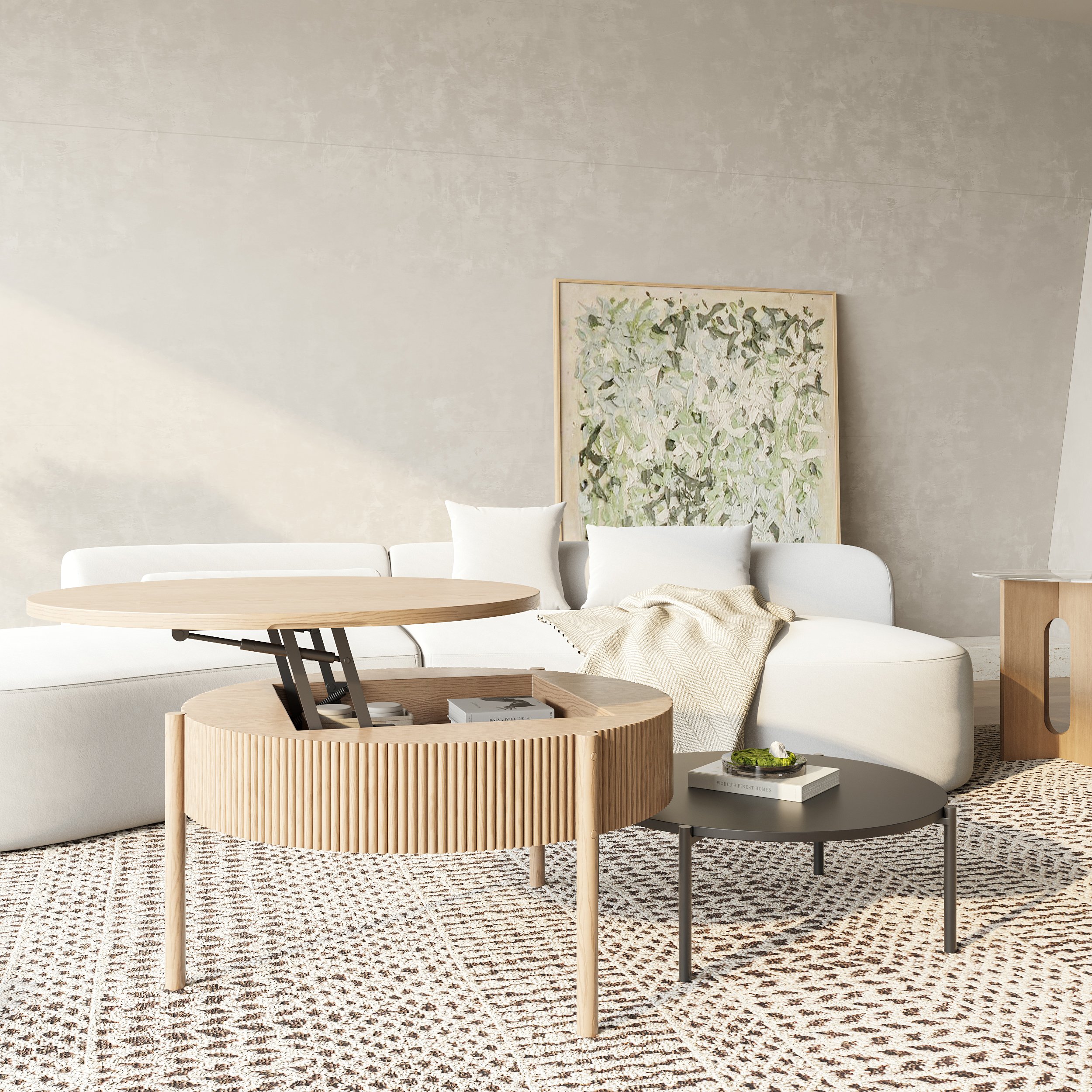 HMR - Round Lift Top Nesting Natural Coffee Table Set(24"-30")