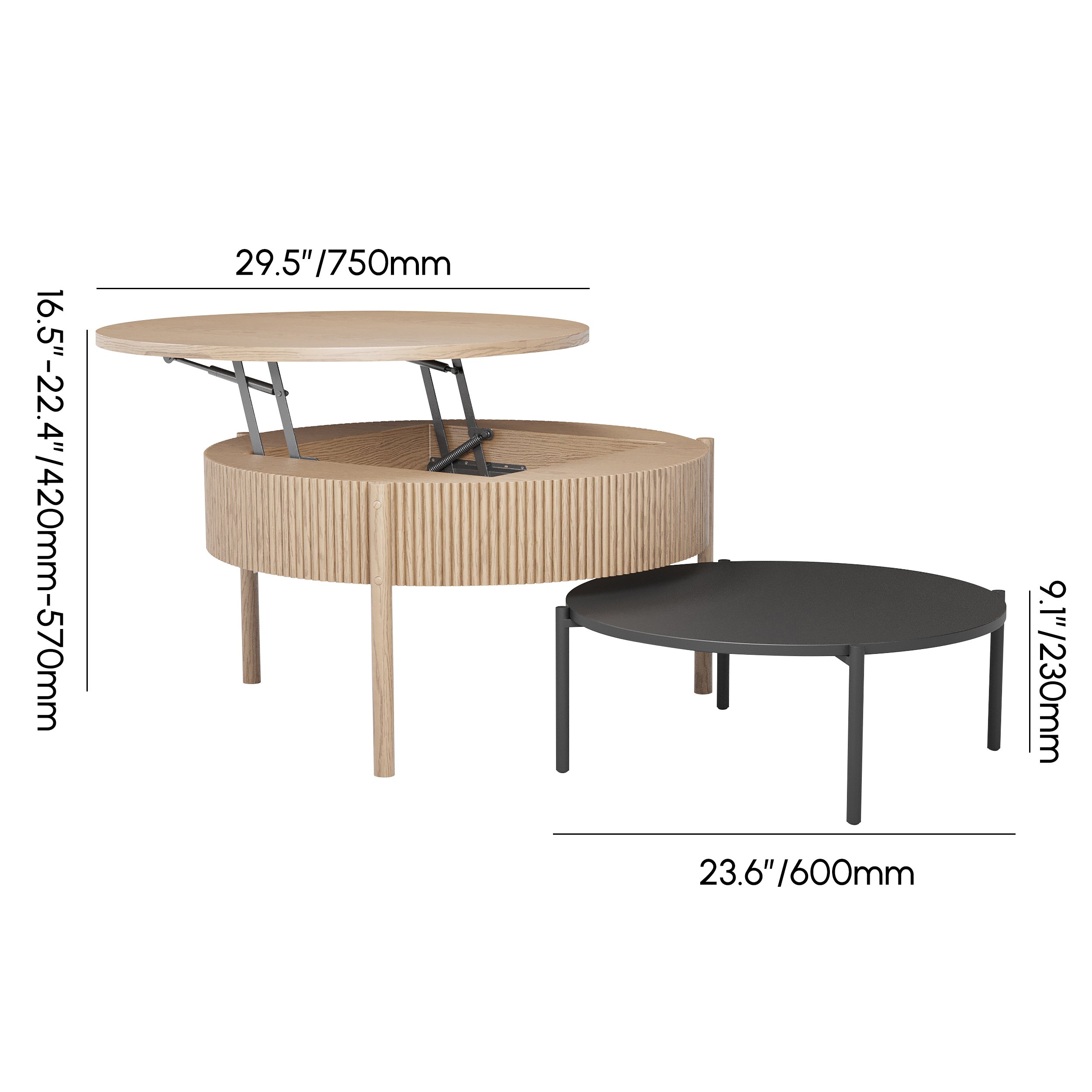HMR - Round Lift Top Nesting Natural Coffee Table Set(24"-30")